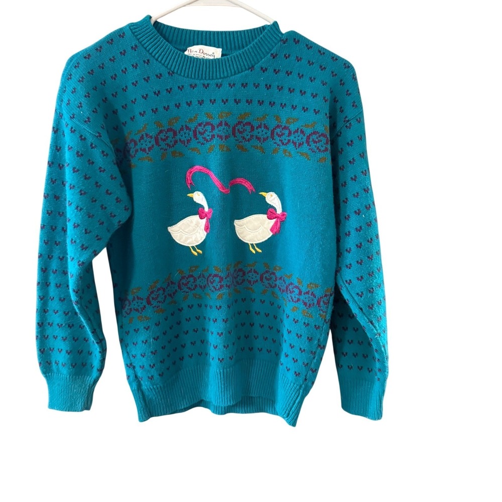 Vintage 80s‎ Nan Dorsey Teal Goose Embroidered Knit Sweater USA Cottagecore